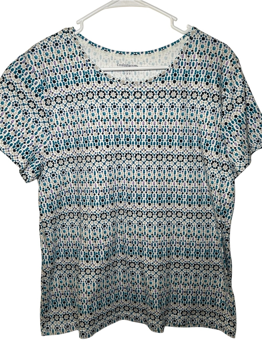 Croft & Barrow Teal Patterned Short-Sleeve Top Comfort Casual Aztec hobo Country